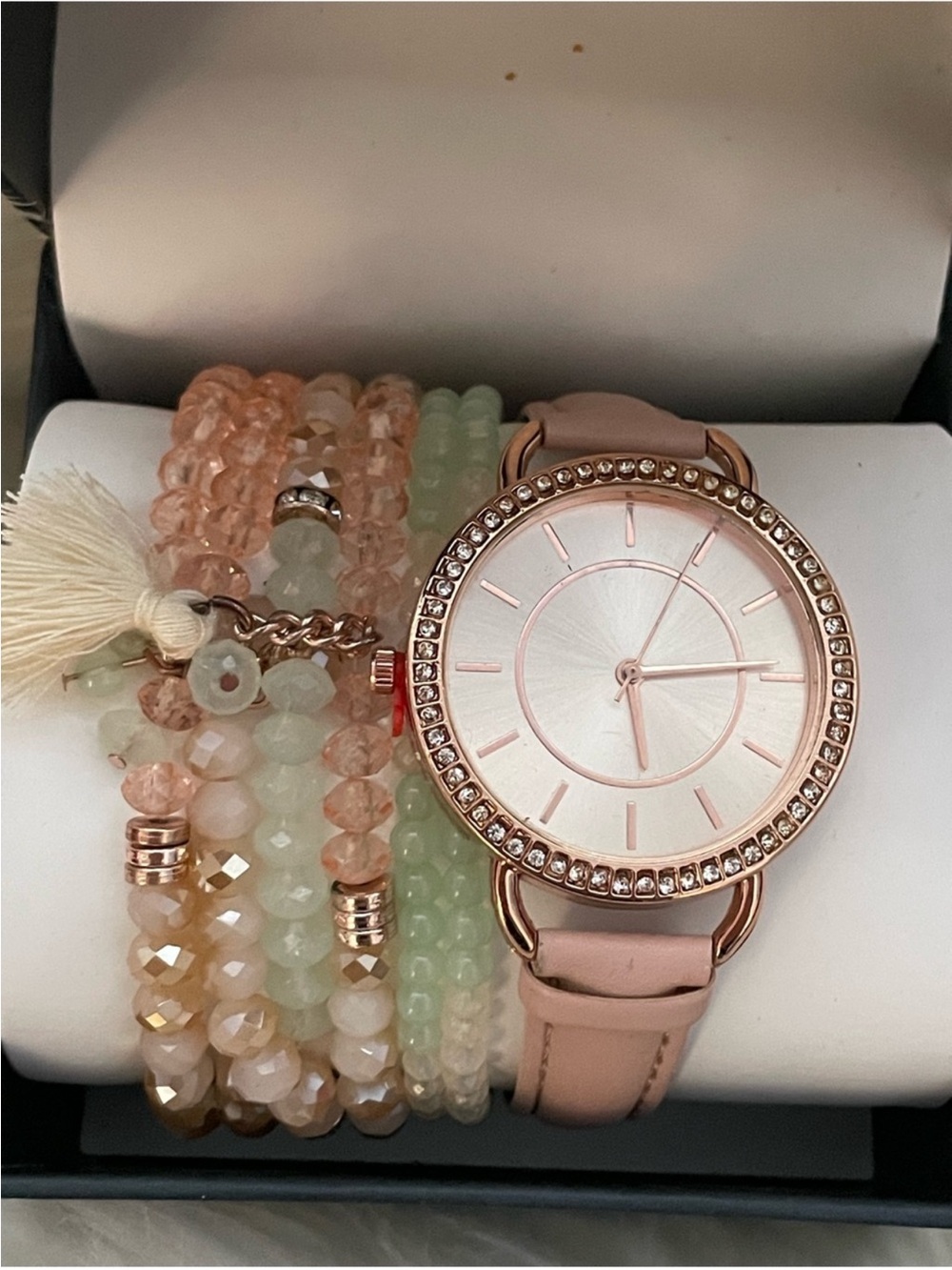 Jessica Carlyle Rose Gold Pink Strap Watch w/Pastel Beaded Bracelet Set NIB - Picture 3 of 6